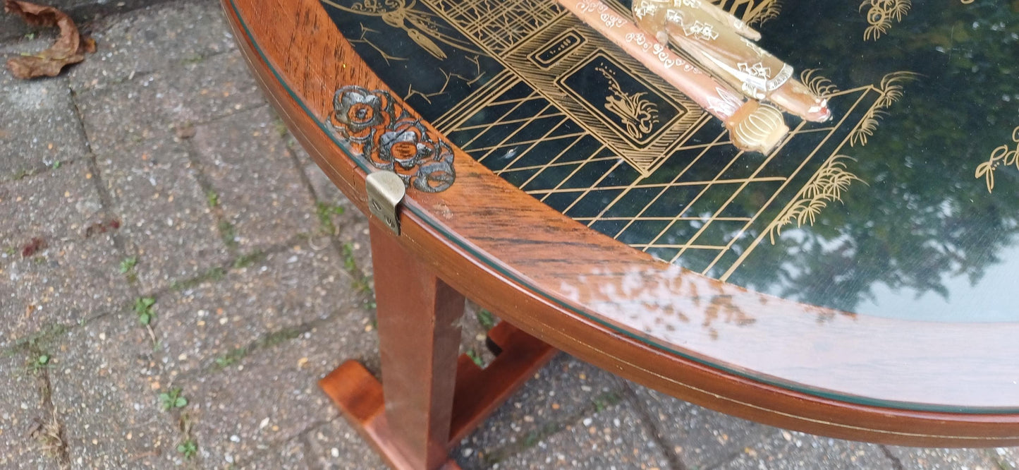 Unusual Early to Mid Vintage Oak Oriental Coffee Table and Folding Fire Screen Hand Created Decoration. Free Hand Delivery.