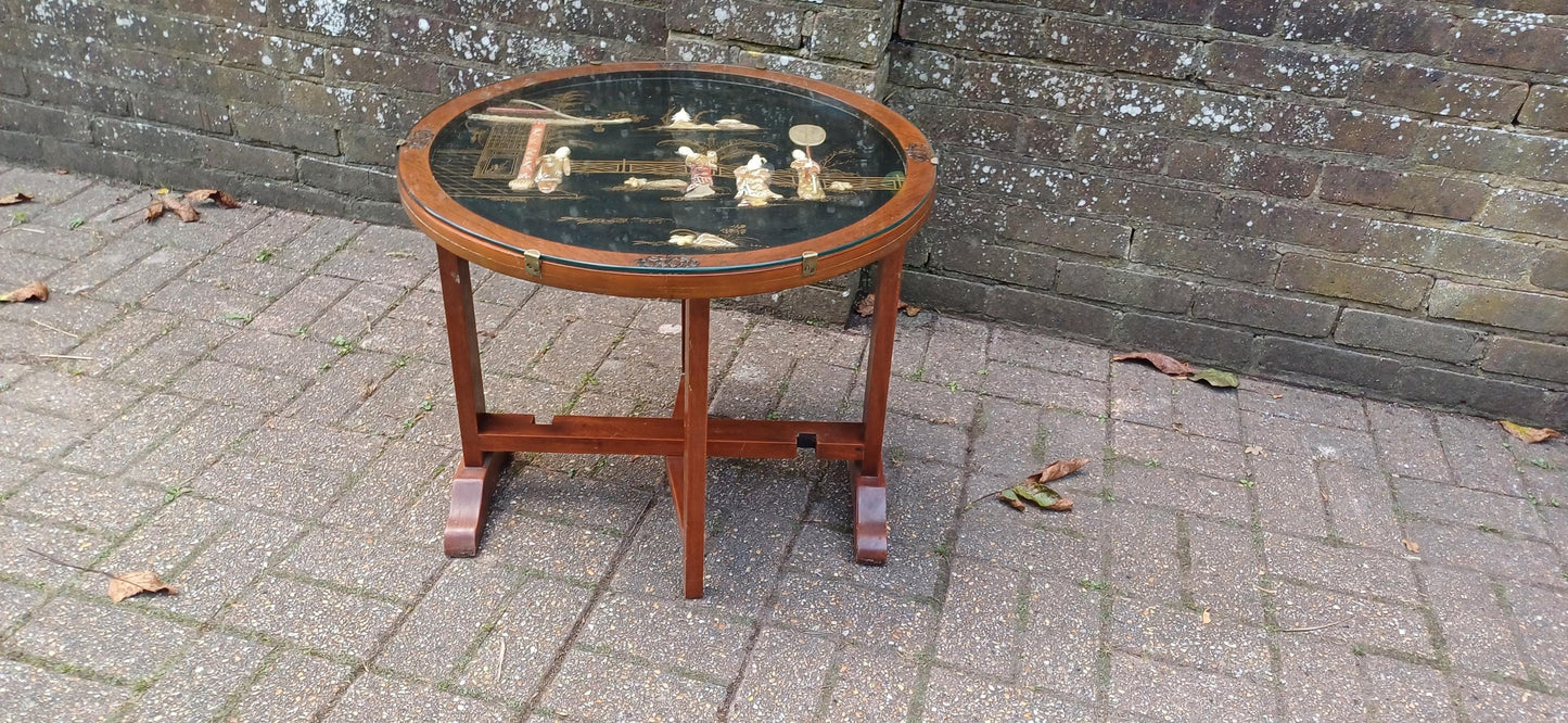 Unusual Early to Mid Vintage Oak Oriental Coffee Table and Folding Fire Screen Hand Created Decoration. Free Hand Delivery.