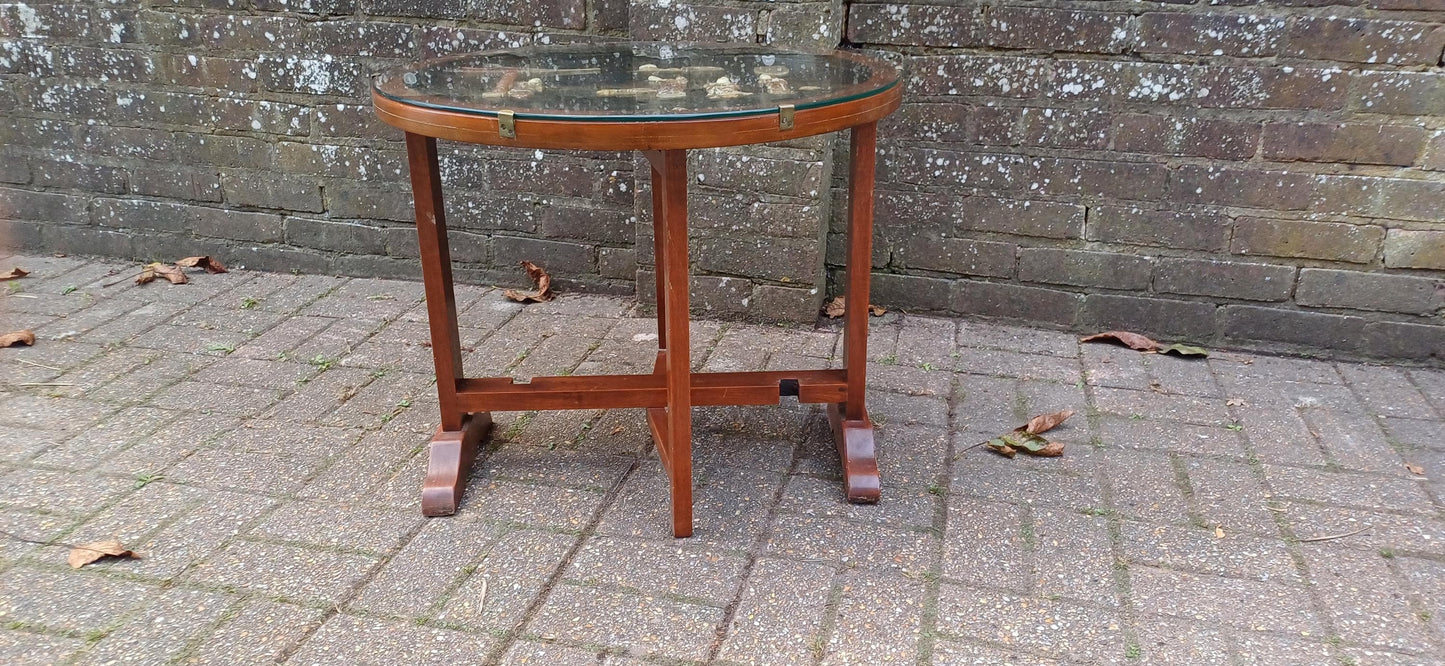 Unusual Early to Mid Vintage Oak Oriental Coffee Table and Folding Fire Screen Hand Created Decoration. Free Hand Delivery.