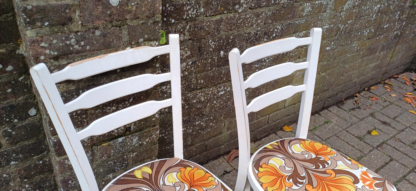 Pair of Vintage Retro 70s Painted Shabby Chic Kitchen Chairs Newly Upholstered.