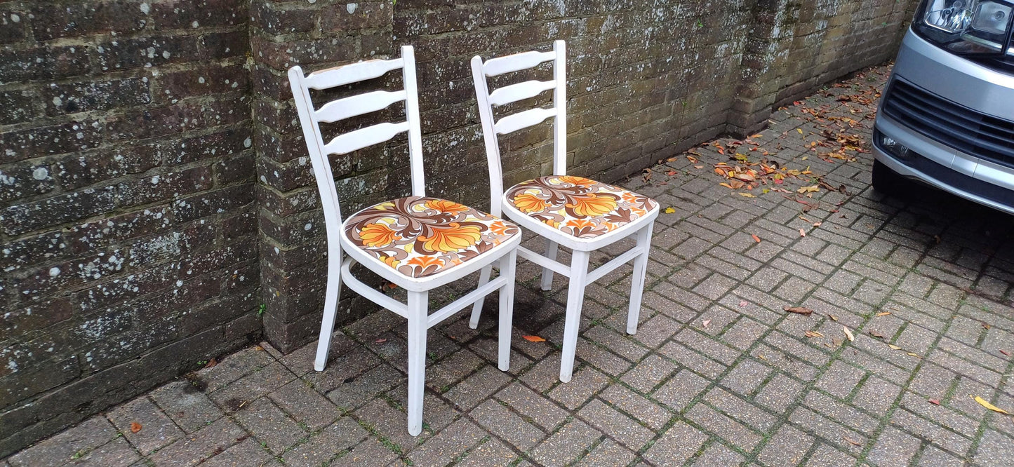 Pair of Vintage Retro 70s Painted Shabby Chic Kitchen Chairs Newly Upholstered.