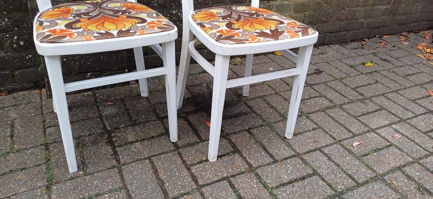 Pair of Vintage Retro 70s Painted Shabby Chic Kitchen Chairs Newly Upholstered.