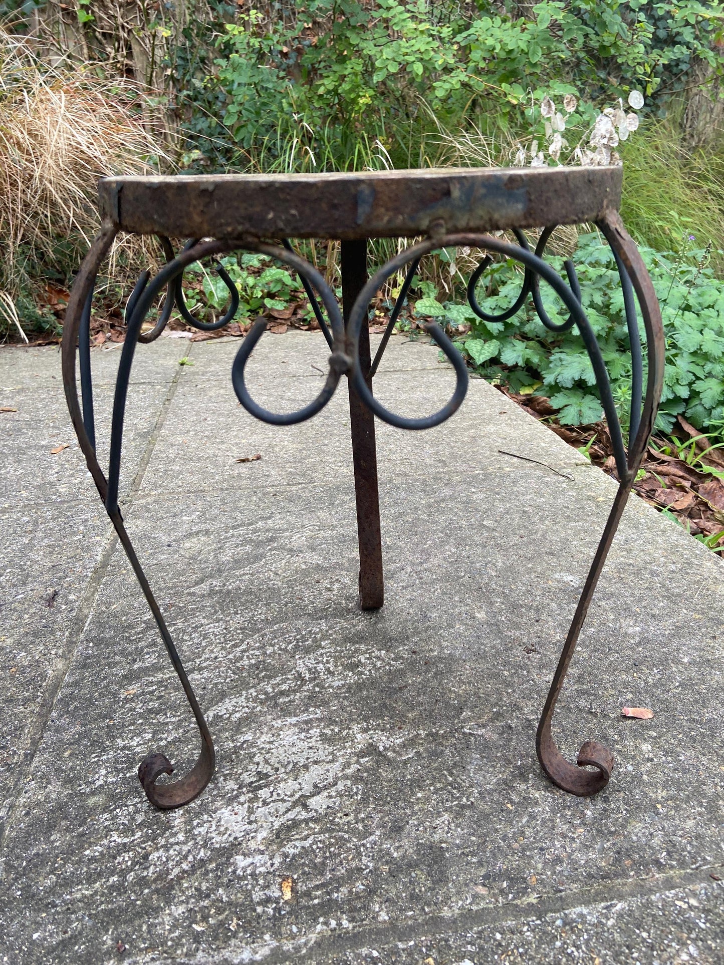 Vintage small to medium sized wrought iron metal table with tiled mosaic top - indoor or outdoor plant stand