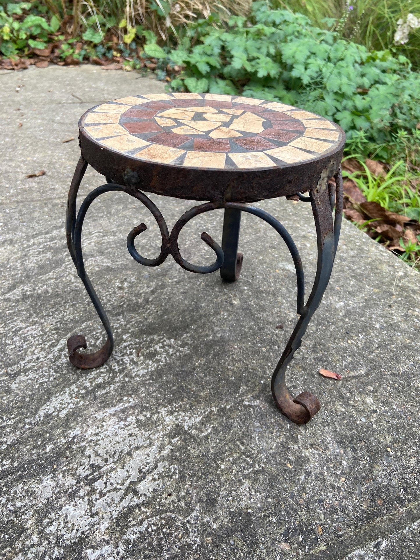 Dinky vintage mosaic and wrought iron small metal table - plant stand, rusted finish
