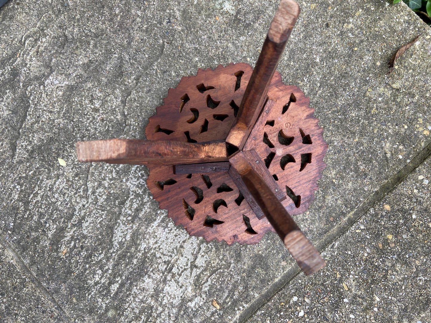 Dinky carved vintage wooden table, folding table, plant stand