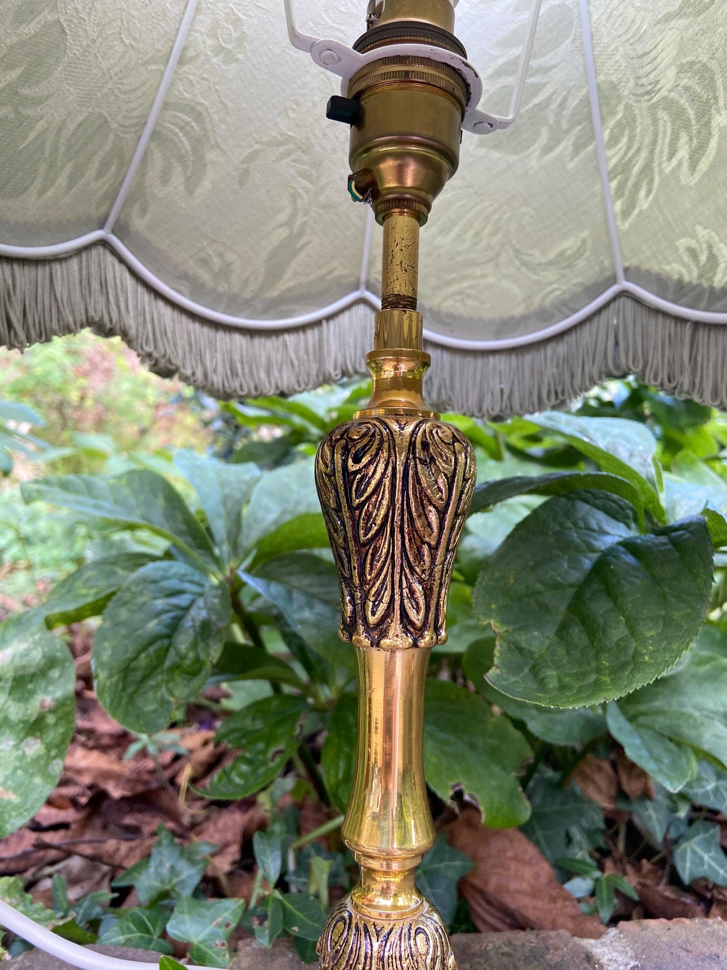 Vintage ornate brass lamp and authentic green vintage shade