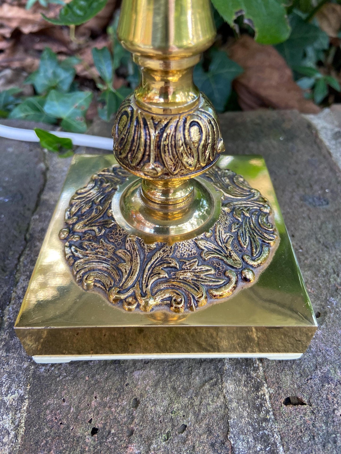 Vintage ornate brass lamp and authentic green vintage shade