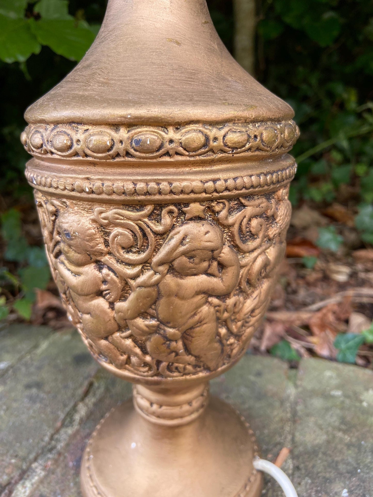 Large retro vintage gold table lamp - plaster painted in gilt - moulded angels and cherubs - working