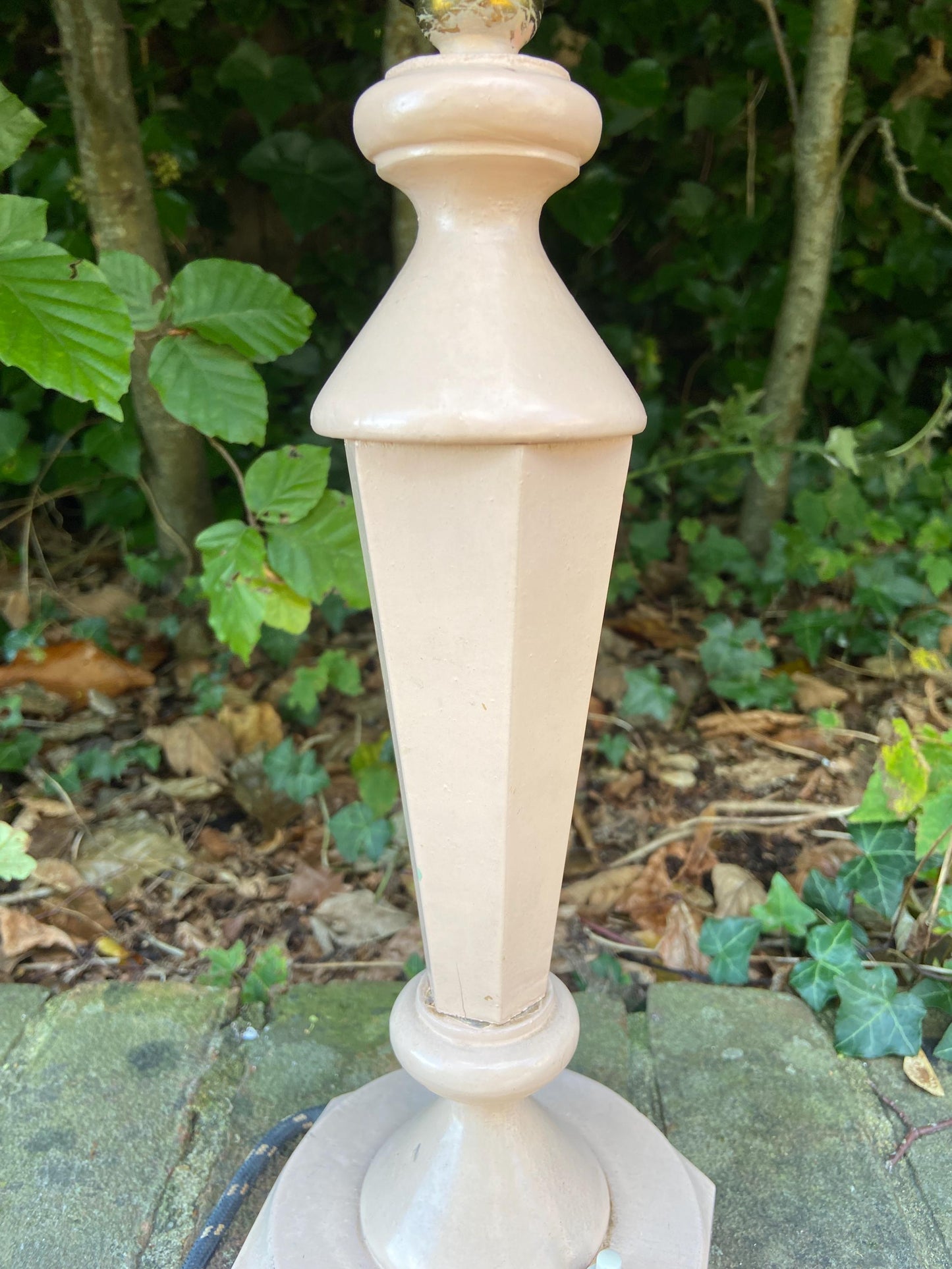 Vintage mid century wooden painted pink table lamp, original wiring and plug