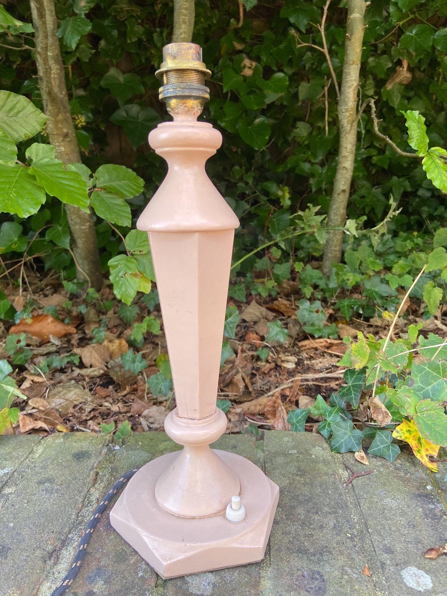 Vintage mid century wooden painted pink table lamp, original wiring and plug