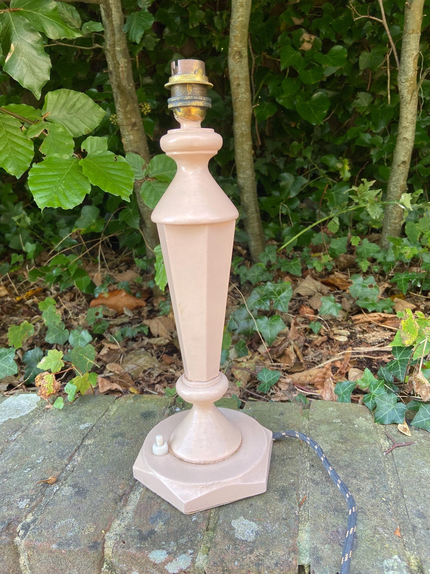 Vintage mid century wooden painted pink table lamp, original wiring and plug