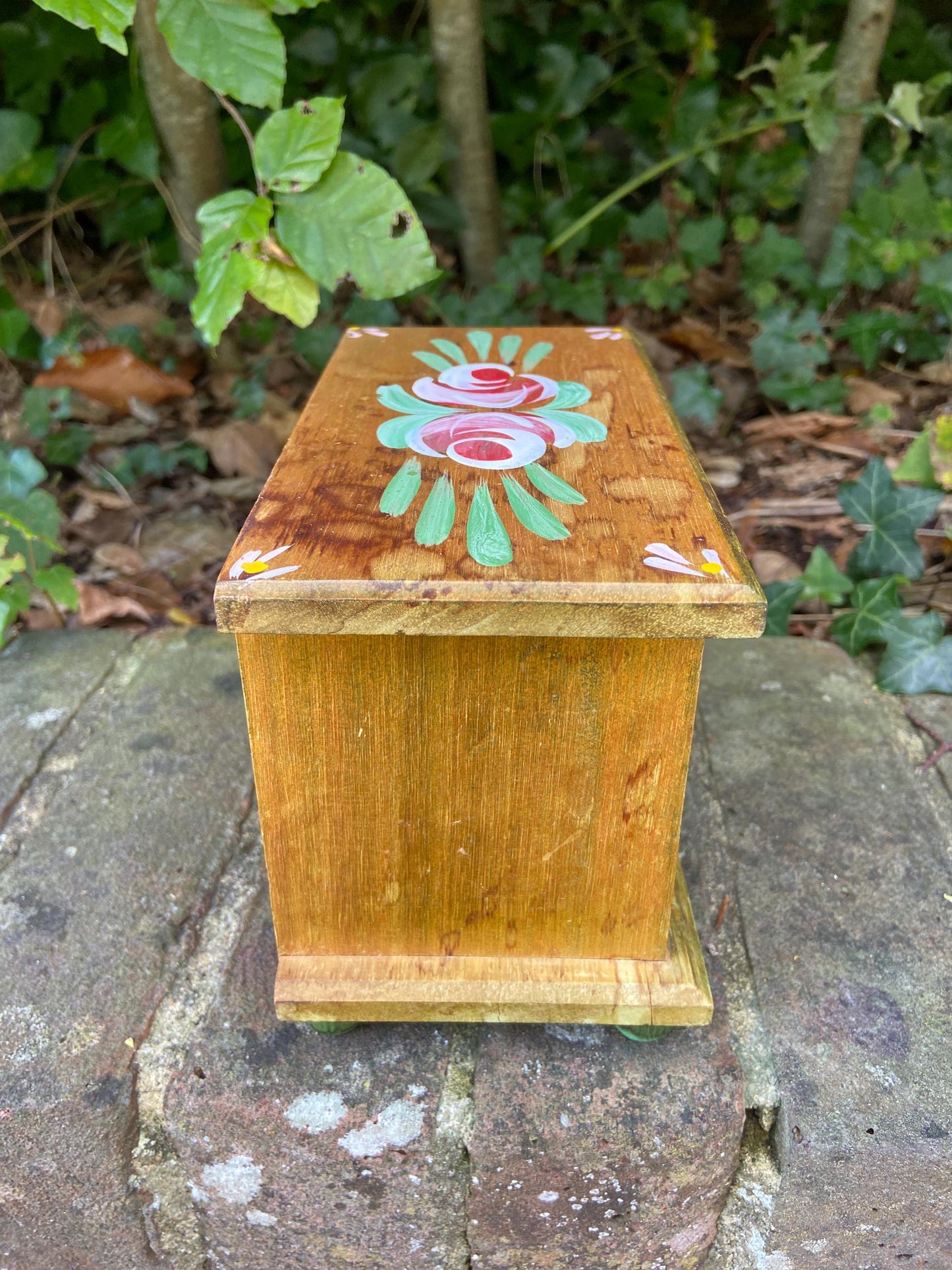 Delightful vintage trinket box or jewellery box, wooden and hand painted with pink roses