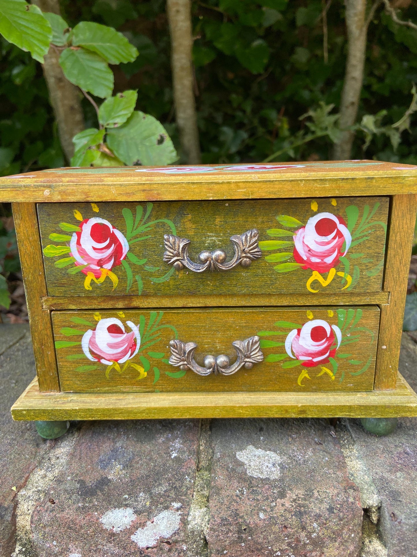 Delightful vintage trinket box or jewellery box, wooden and hand painted with pink roses