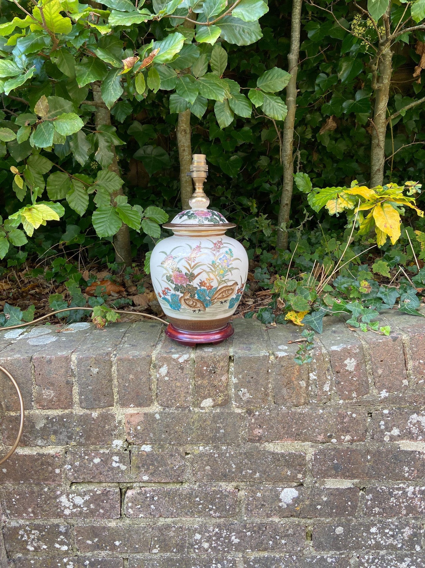 lovely vintage rochamp table lamp. oriental style with plans and birds. pheasants. working vintage table lamp