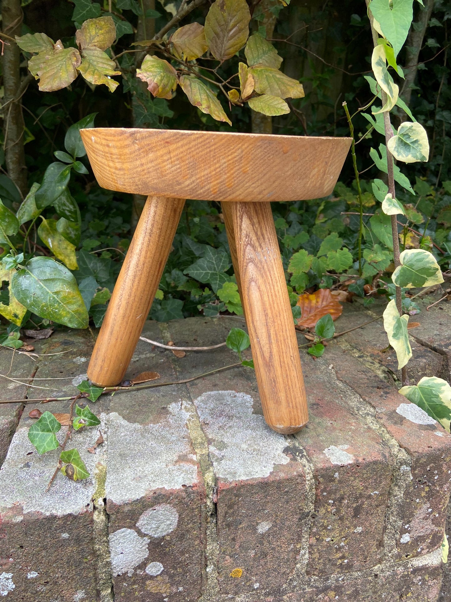 Vintage children’s milking stool with an engraved fairytale woodland owl on it