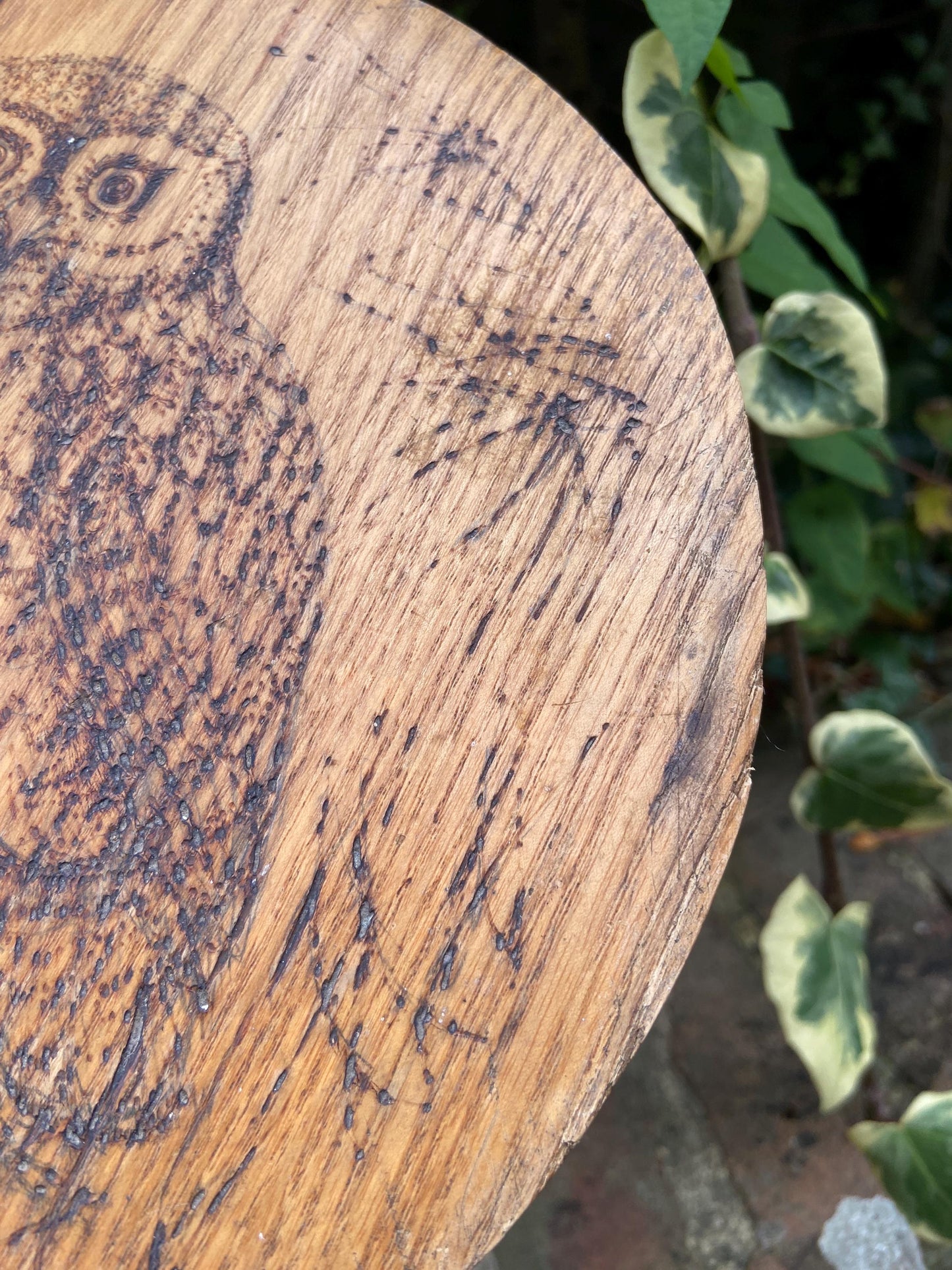 Vintage children’s milking stool with an engraved fairytale woodland owl on it