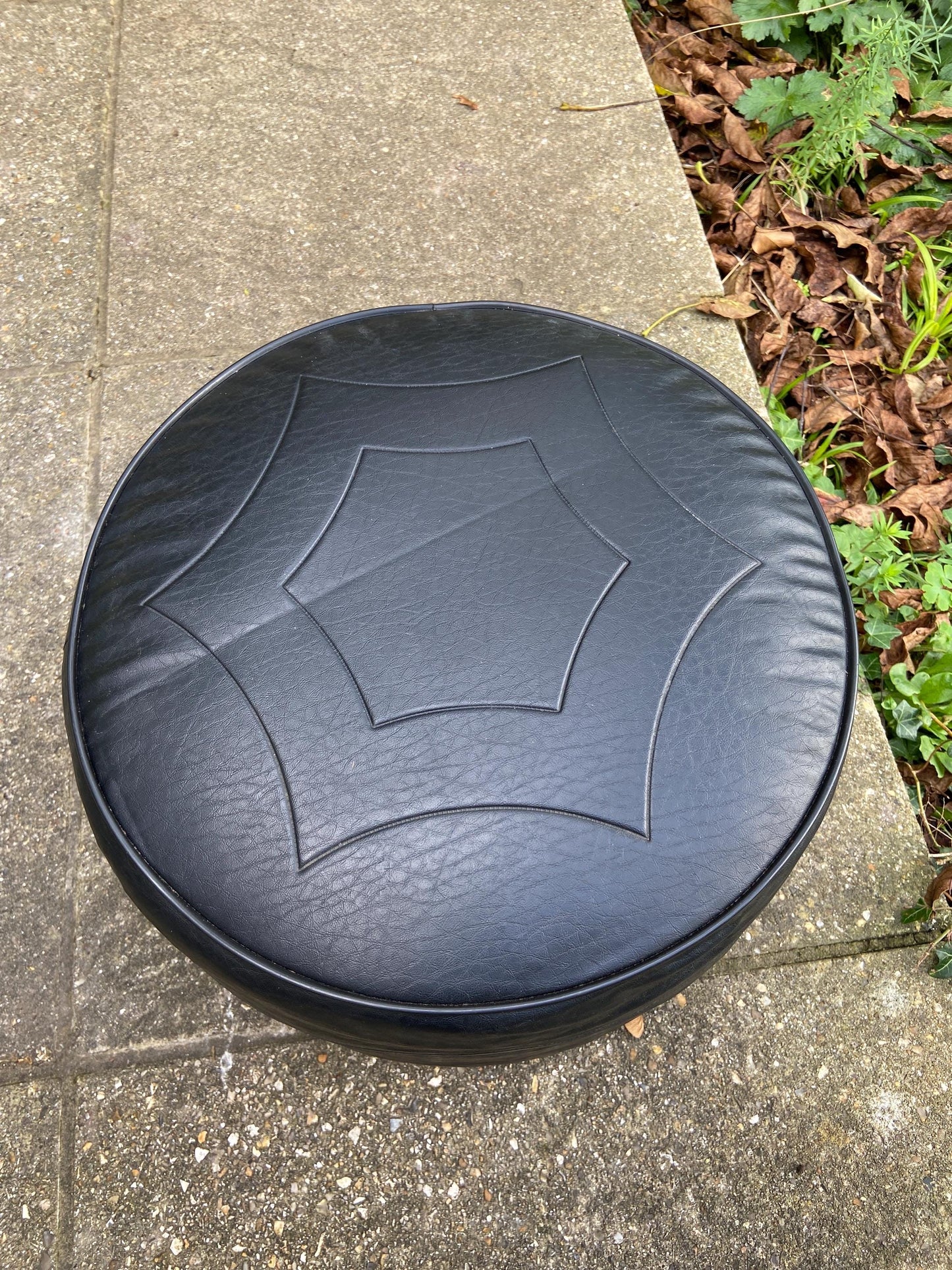 Retro Black Leatherette Pouffe, Leatherette Stool made by Sherborne, 1970s pouffe