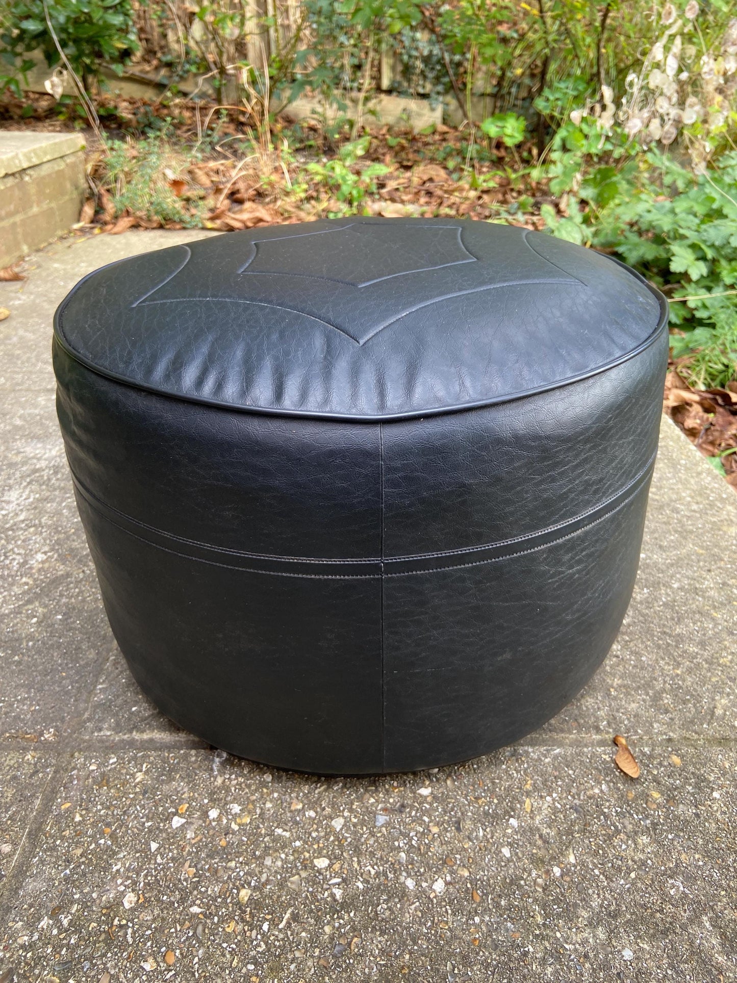 Retro Black Leatherette Pouffe, Leatherette Stool made by Sherborne, 1970s pouffe