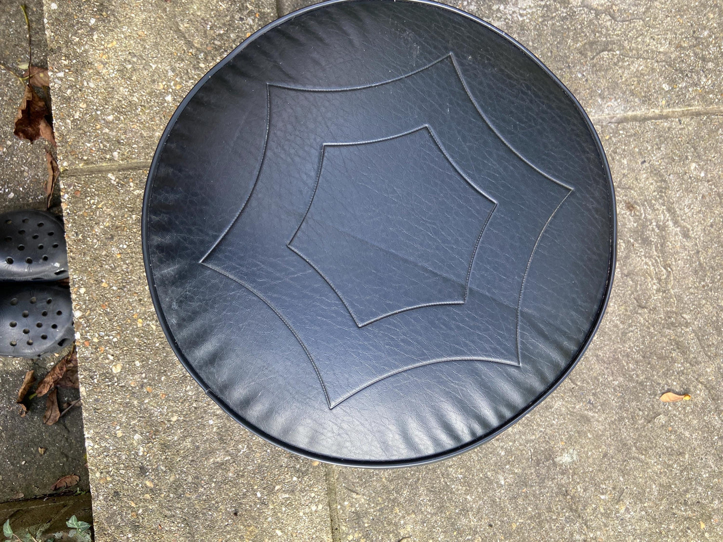 Retro Black Leatherette Pouffe, Leatherette Stool made by Sherborne, 1970s pouffe