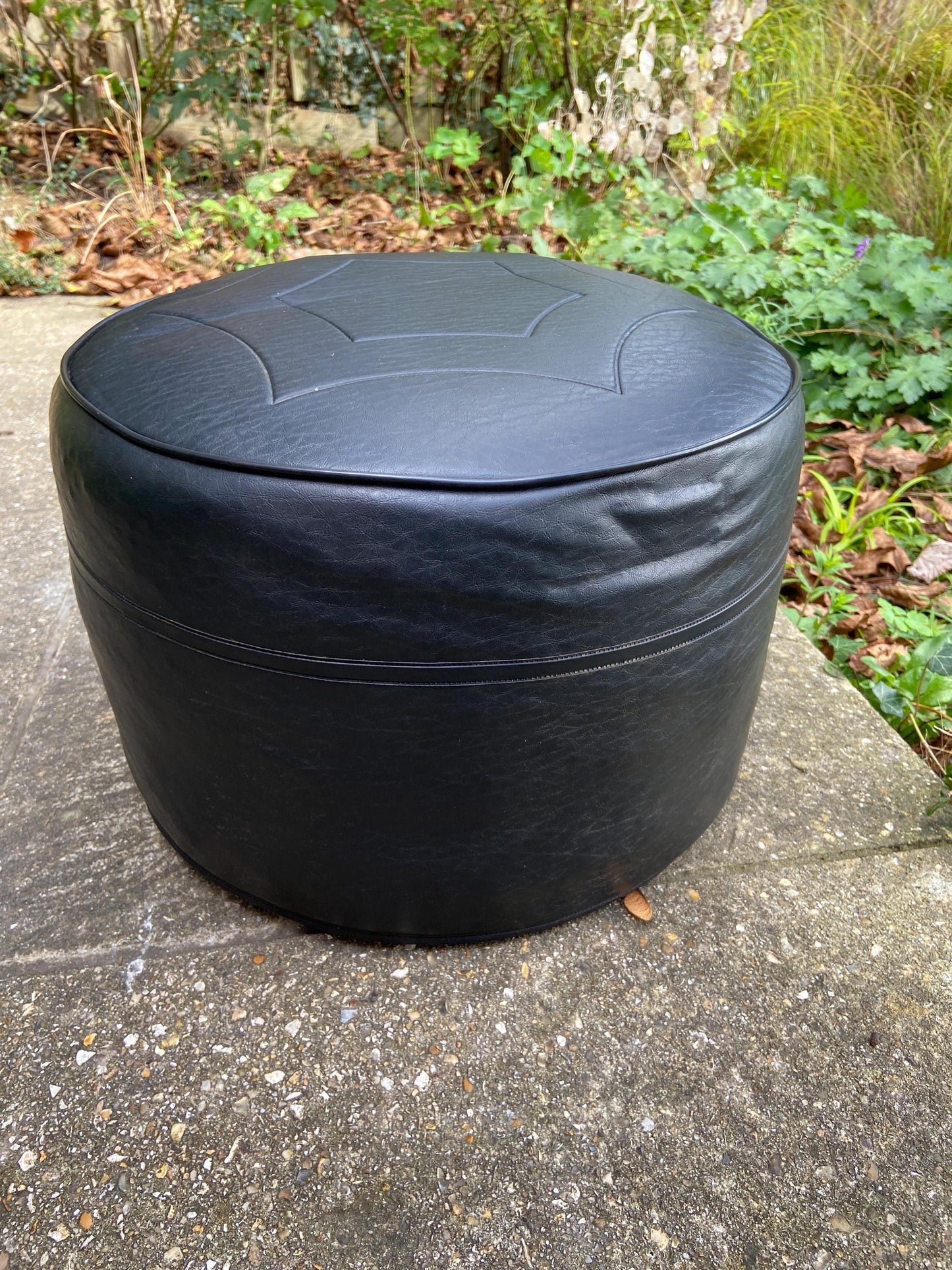 Retro Black Leatherette Pouffe, Leatherette Stool made by Sherborne, 1970s pouffe