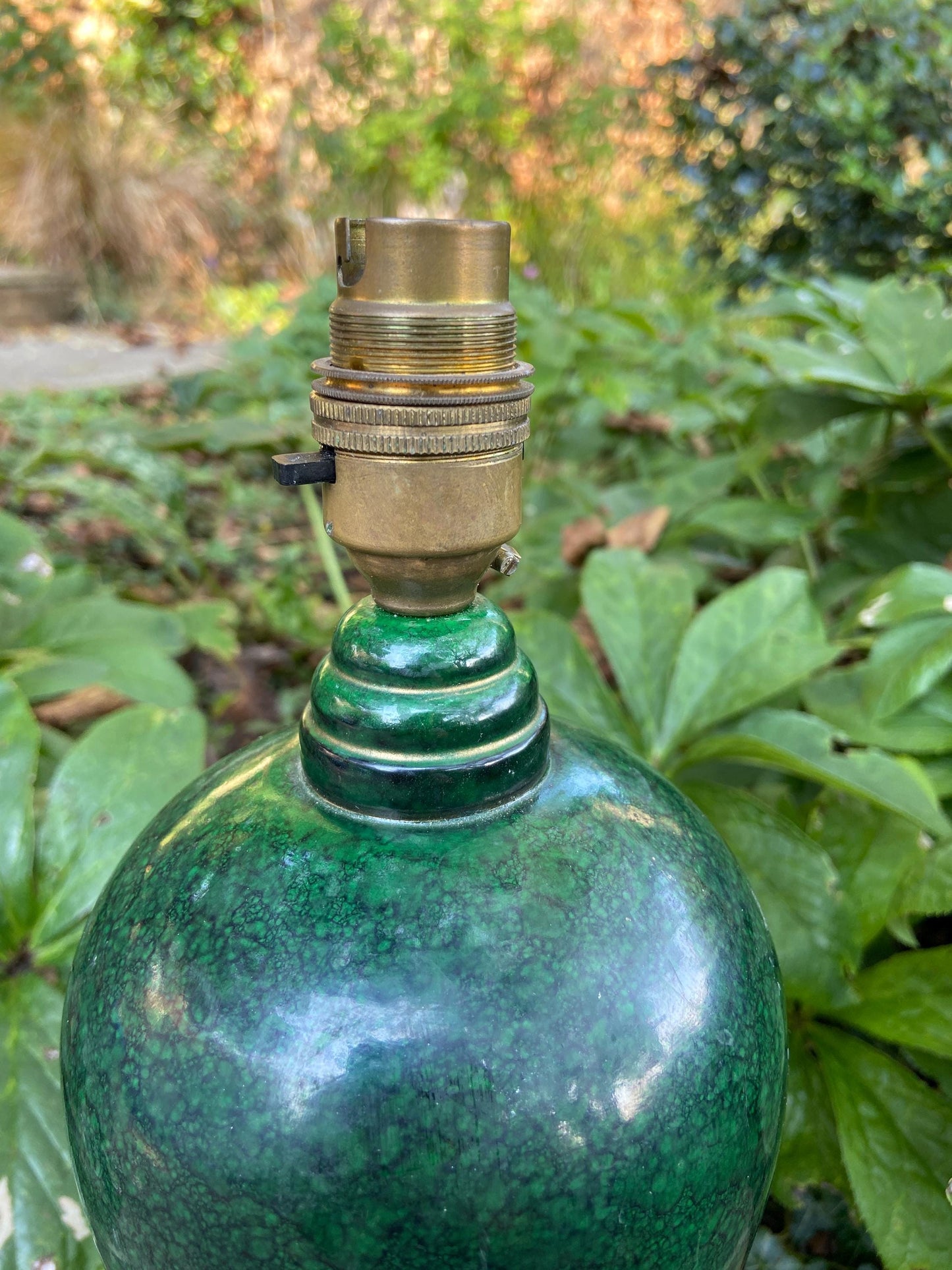 Vintage bottle green marble effect table lamp, classic urn style working wooden table lamp