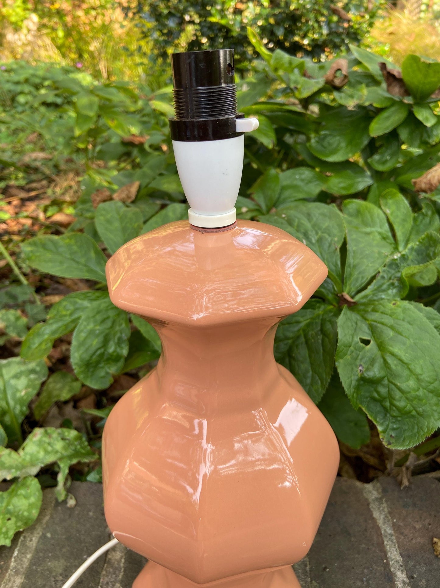 Large vintage orange apricot peach terracotta ceramic table lamp - working
