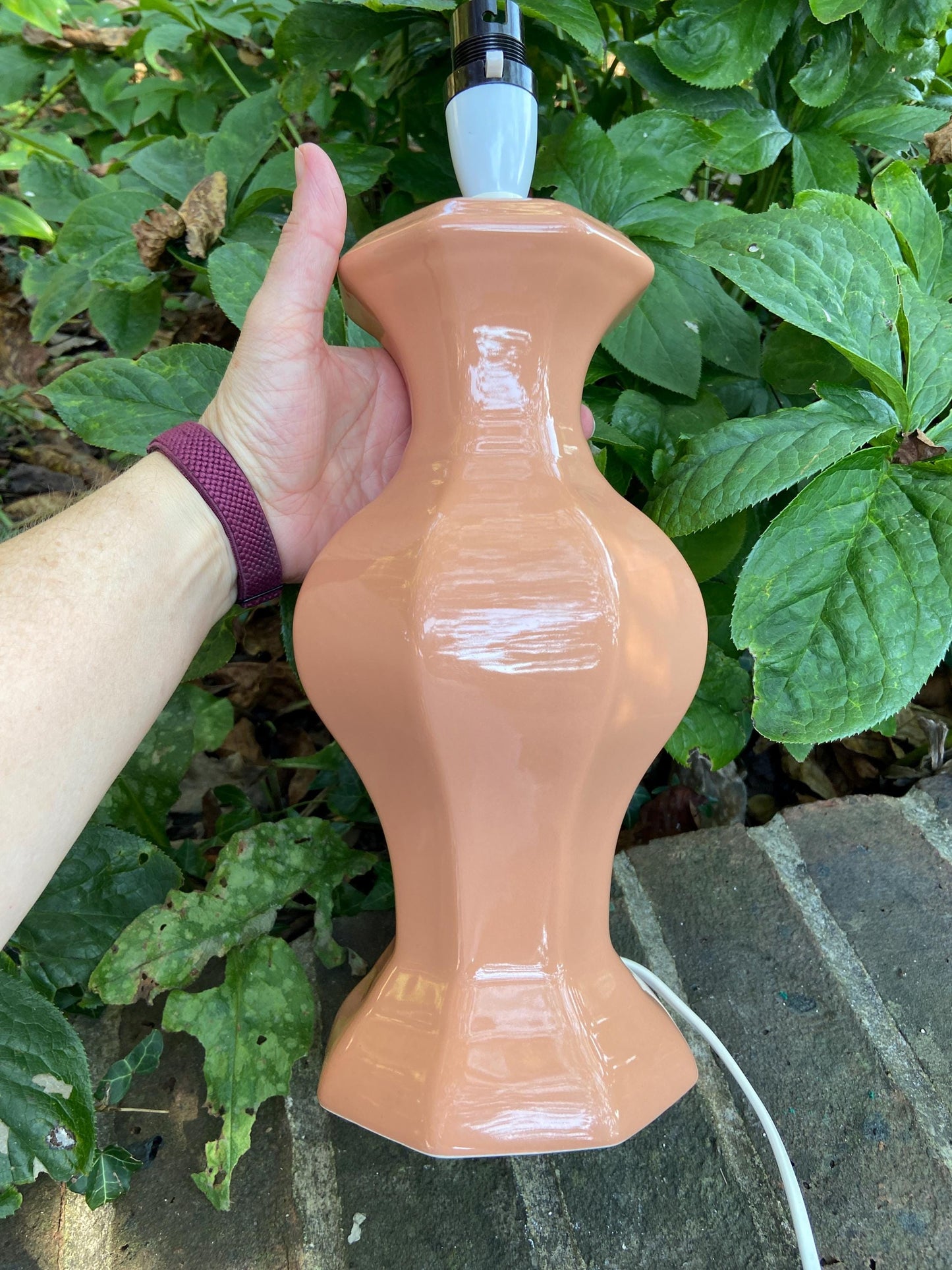 Large vintage orange apricot peach terracotta ceramic table lamp - working