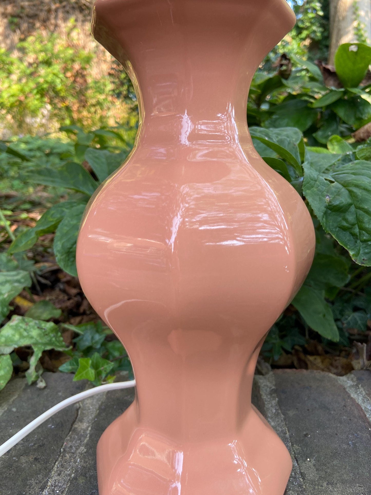Large vintage orange apricot peach terracotta ceramic table lamp - working