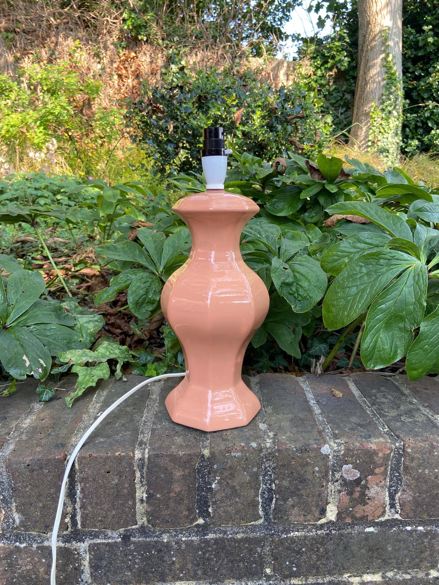 terracotta, orange, apricot vintage table lamp. ceramic glazed. large and tall. working condition. retro 1980s vintage table lamp.