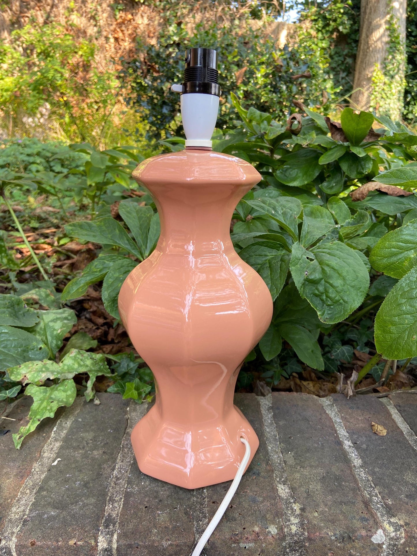 Large vintage orange apricot peach terracotta ceramic table lamp - working