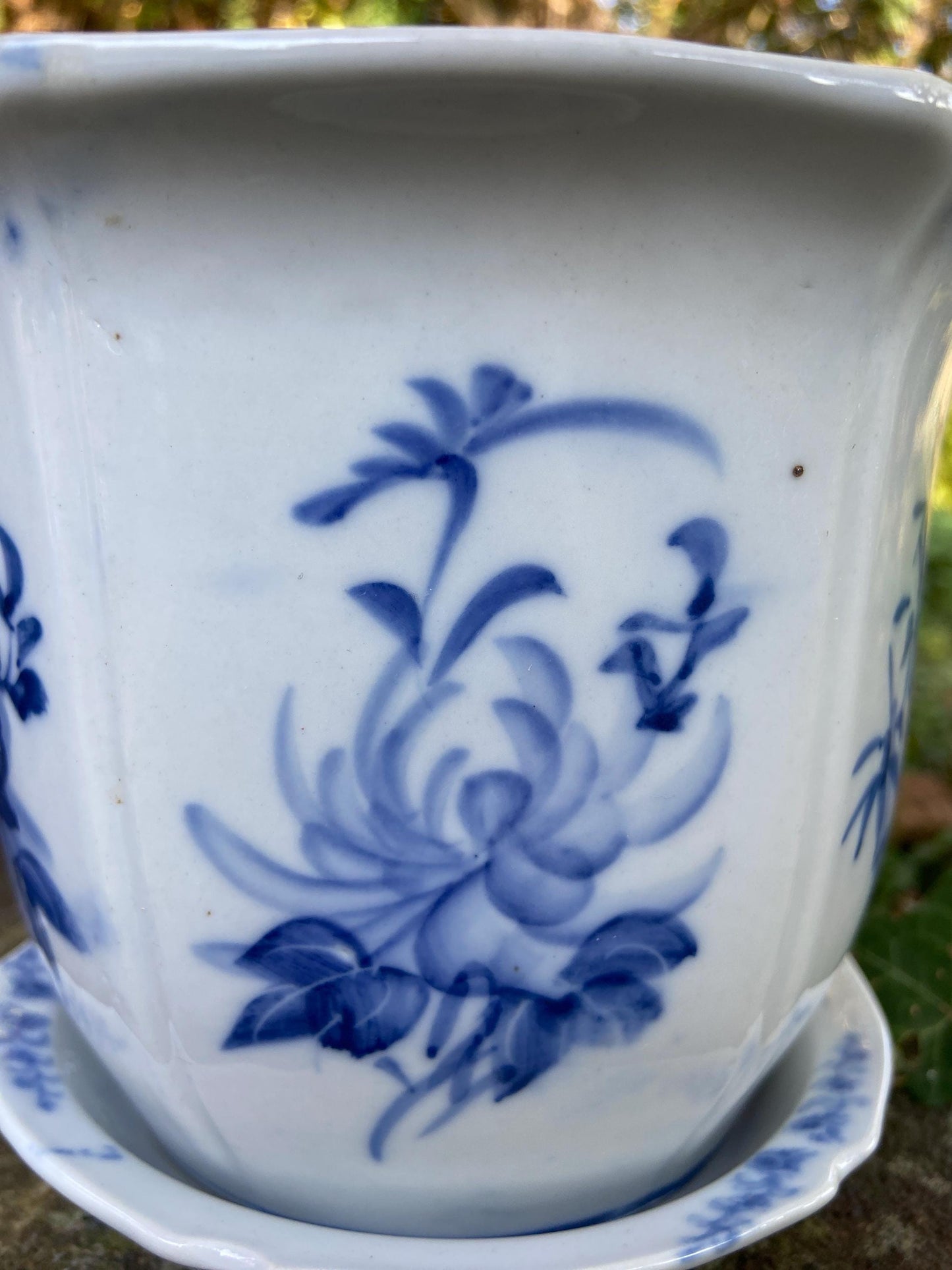 Vintage blue white china planter, hand painted plant pot