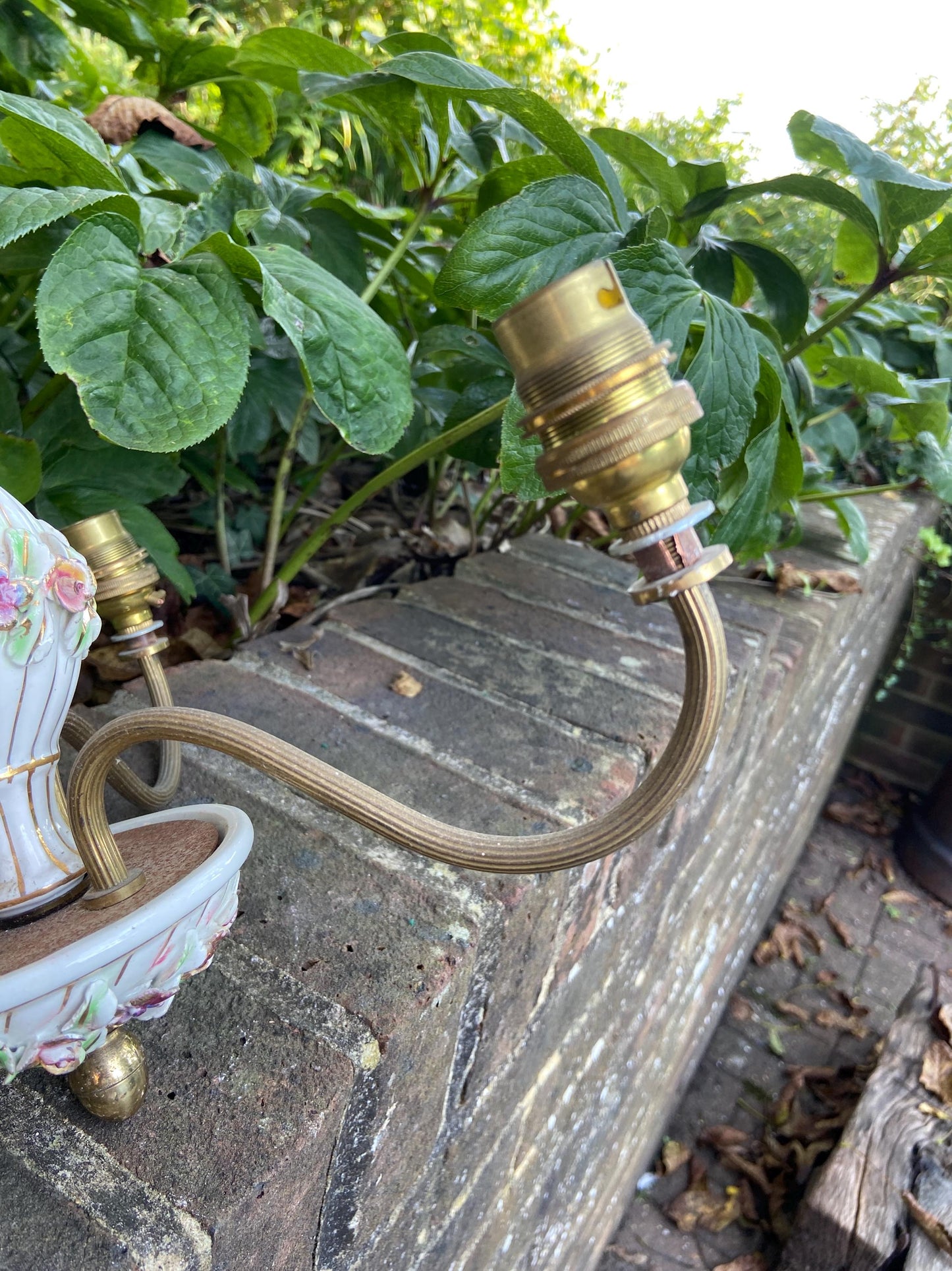 Mid 20th century pretty porcelain floral and brass three armed ceiling light - ready to wire