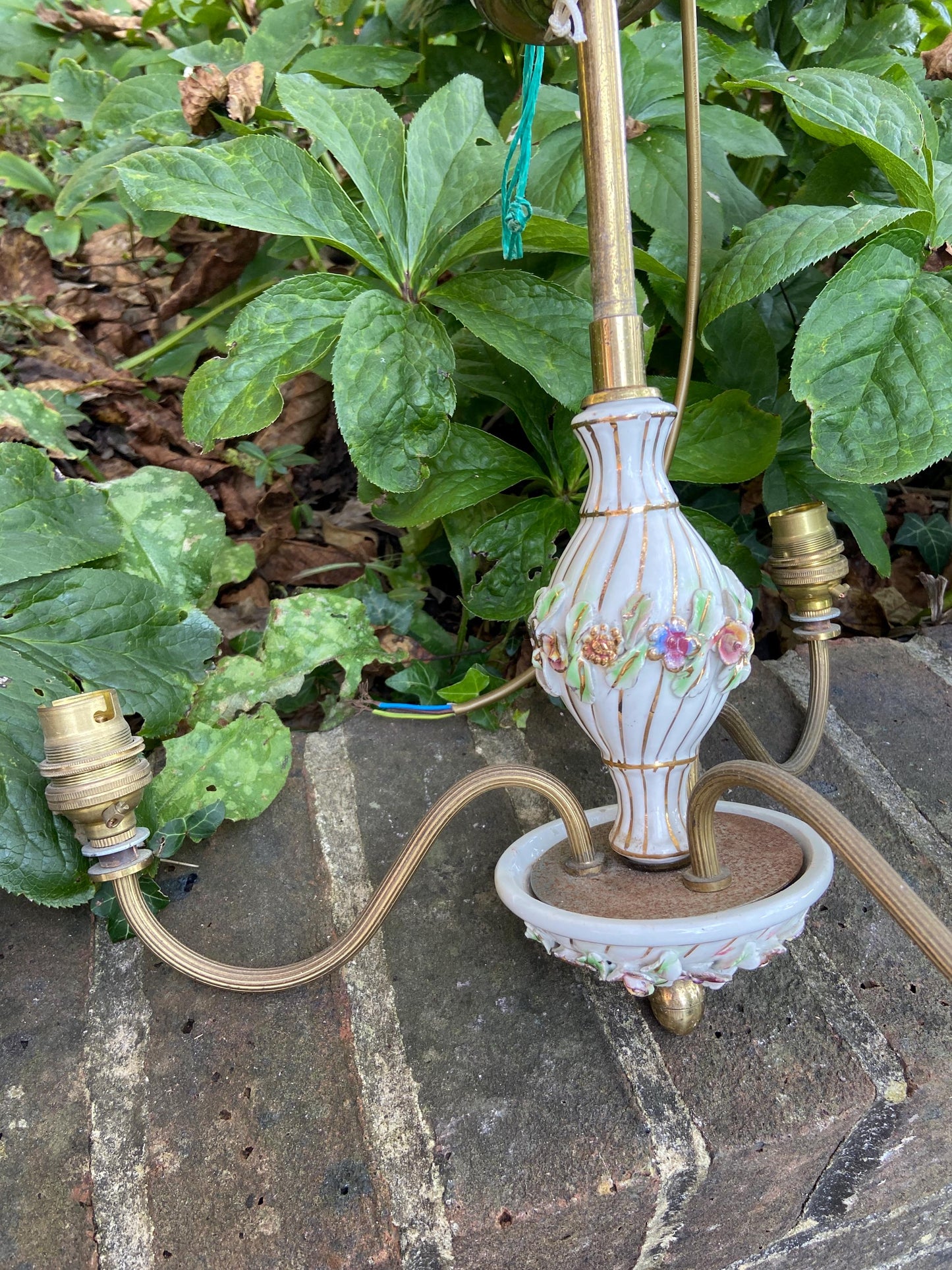 Mid 20th century pretty porcelain floral and brass three armed ceiling light - ready to wire