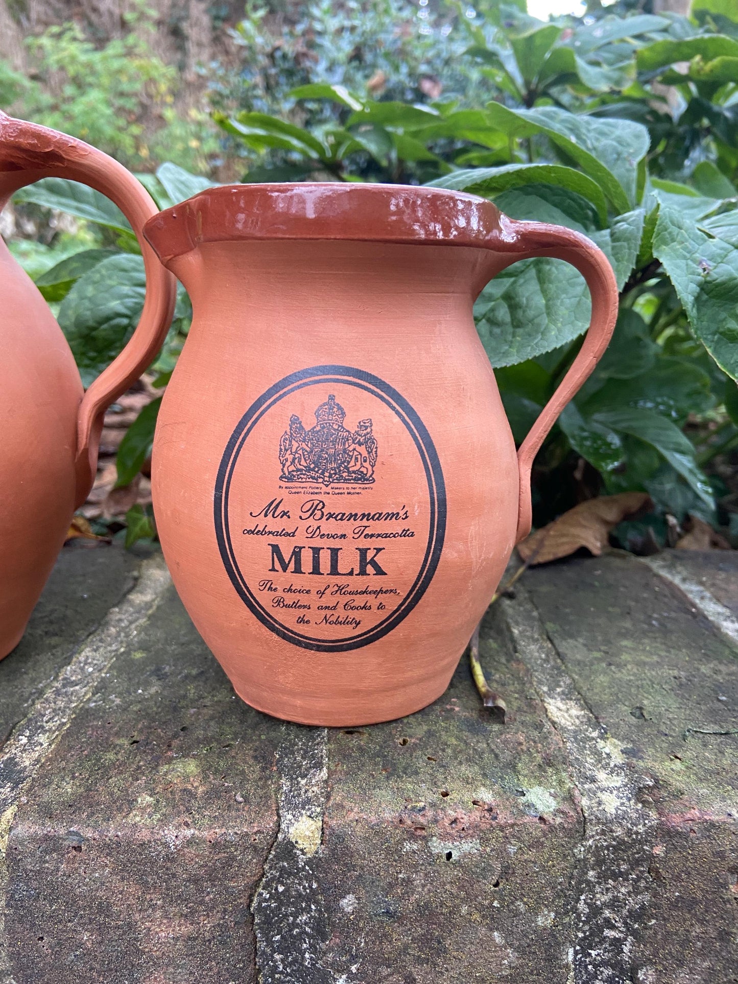 Mrs Brannam’s Devon Terracotta vintage set of two breakfast jugs – one for Fruit Juice and one for Milk. Perfect for a B&B.