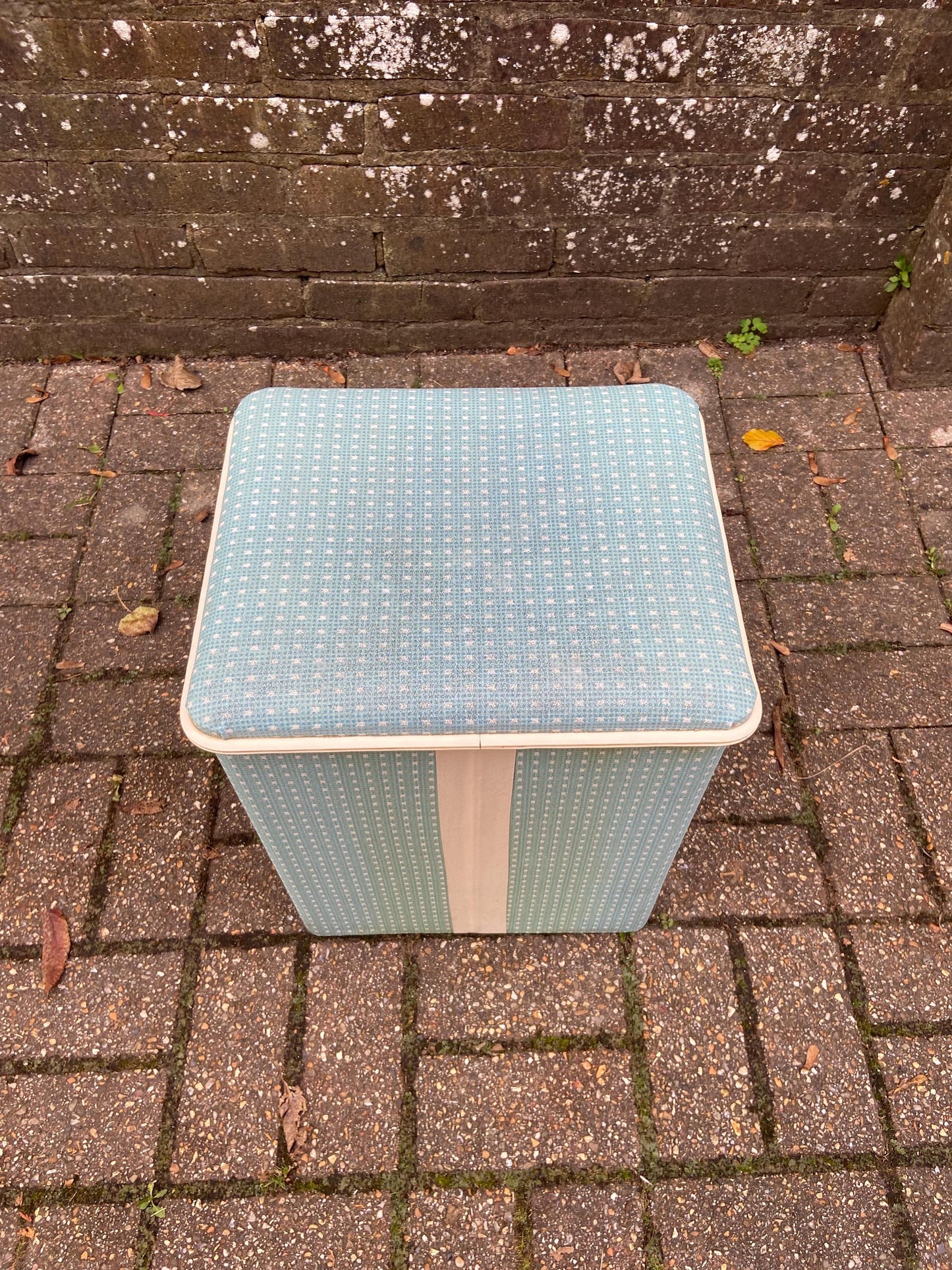 Mid century blue green plastic covered washing basket – fabulous vintage linen box, storage basket, laundry bin, vgc