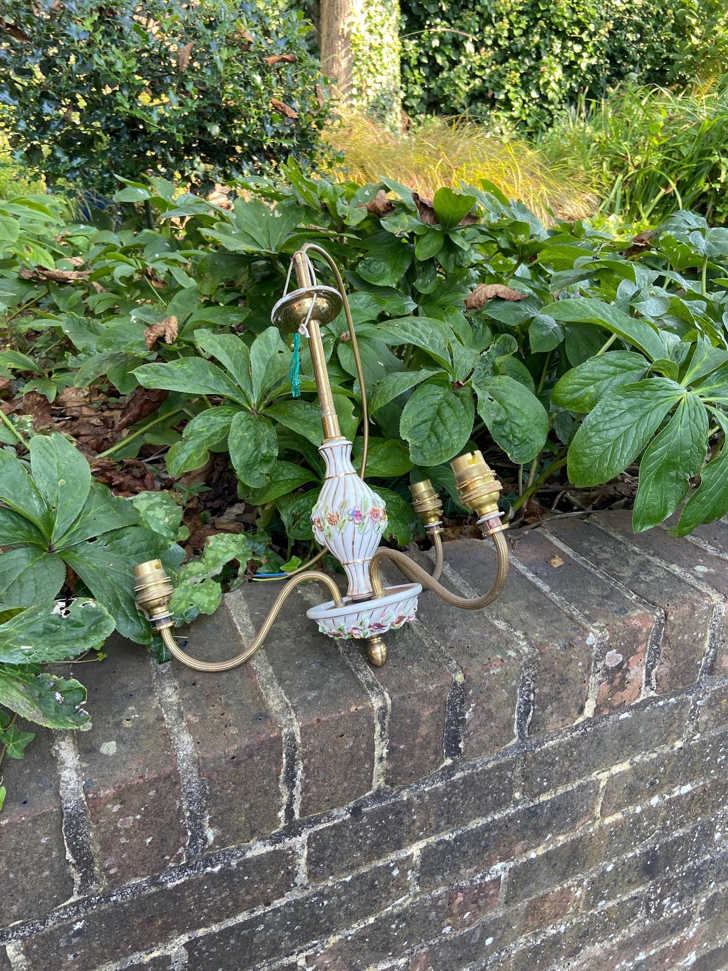 pretty porcelain and brass mid 20th century ceiling light; 3 arms; ready to wire; white porcelain china with multi coloured flowers