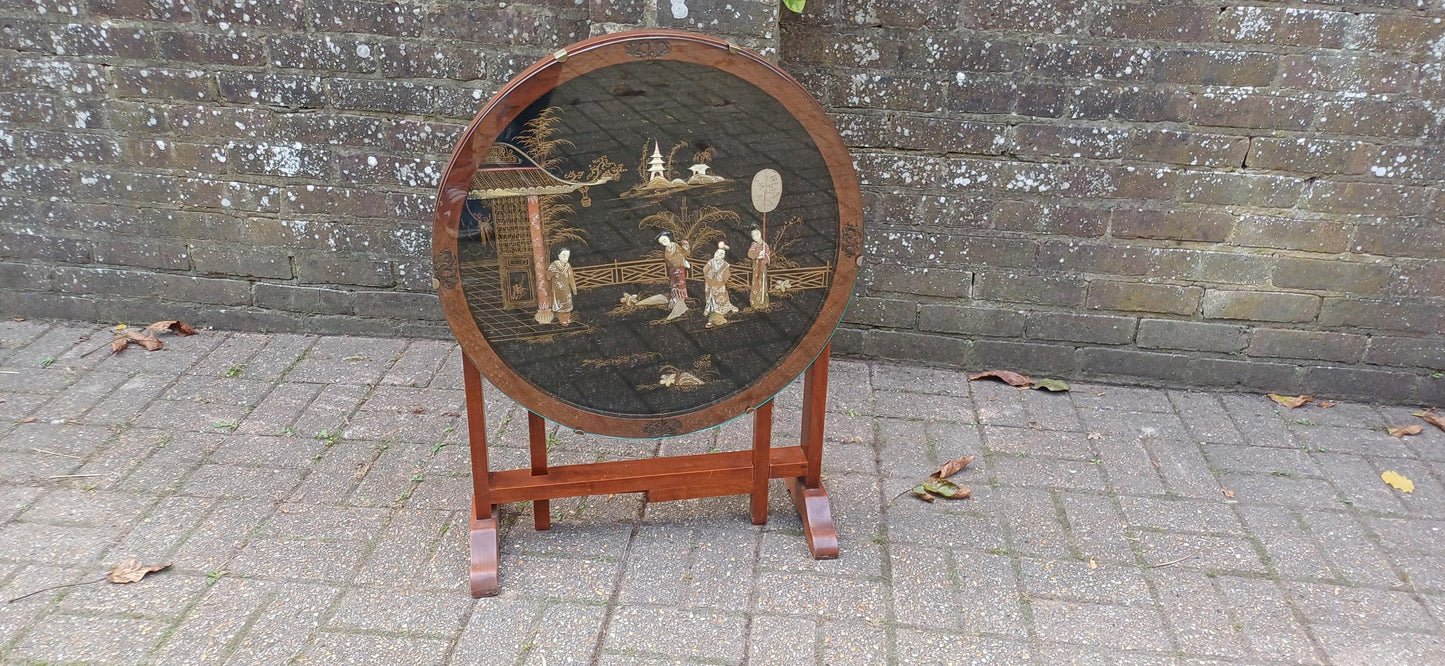 Unusual Early to Mid Vintage Oak Oriental Coffee Table and Folding Fire Screen Hand Created Decoration. Free Hand Delivery.