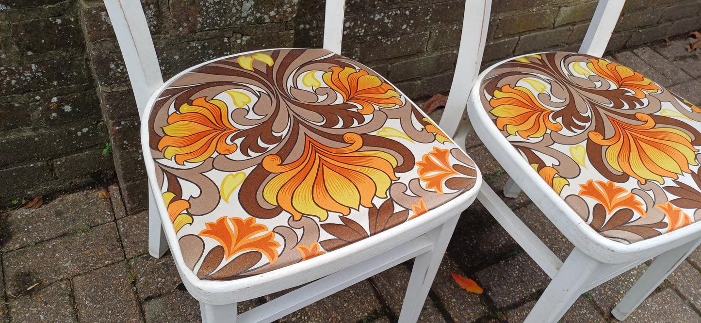 Pair of Vintage Retro 70s Painted Shabby Chic Kitchen Chairs Newly Upholstered.