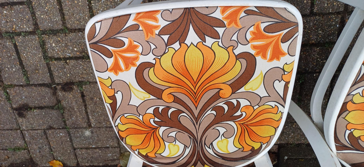 Pair of Vintage Retro 70s Painted Shabby Chic Kitchen Chairs Newly Upholstered.