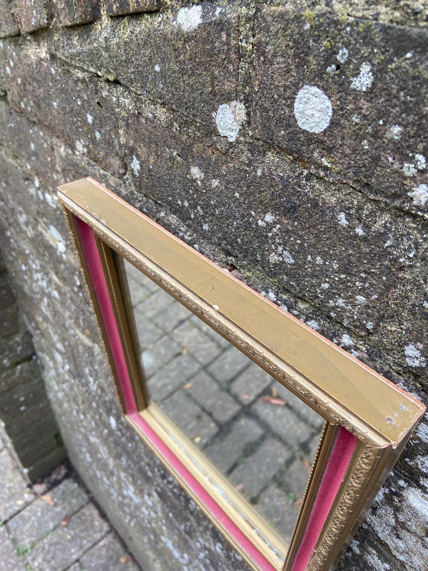 Pretty vintage vanity mirror with pink velvet and gilt finish
