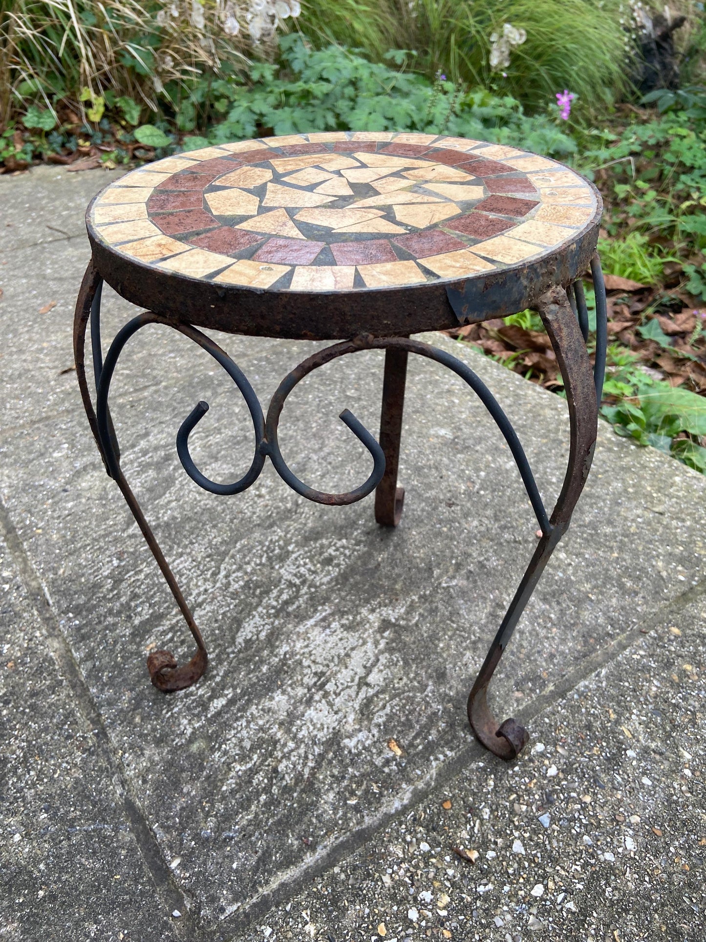 Vintage small to medium sized wrought iron metal table with tiled mosaic top - indoor or outdoor plant stand