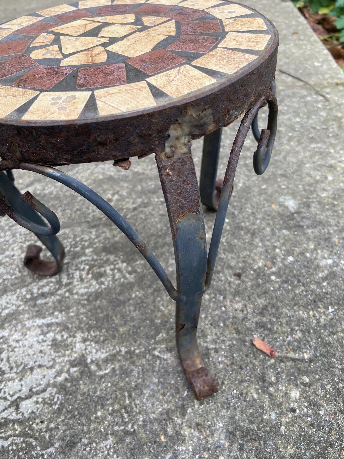 Dinky vintage mosaic and wrought iron small metal table - plant stand, rusted finish