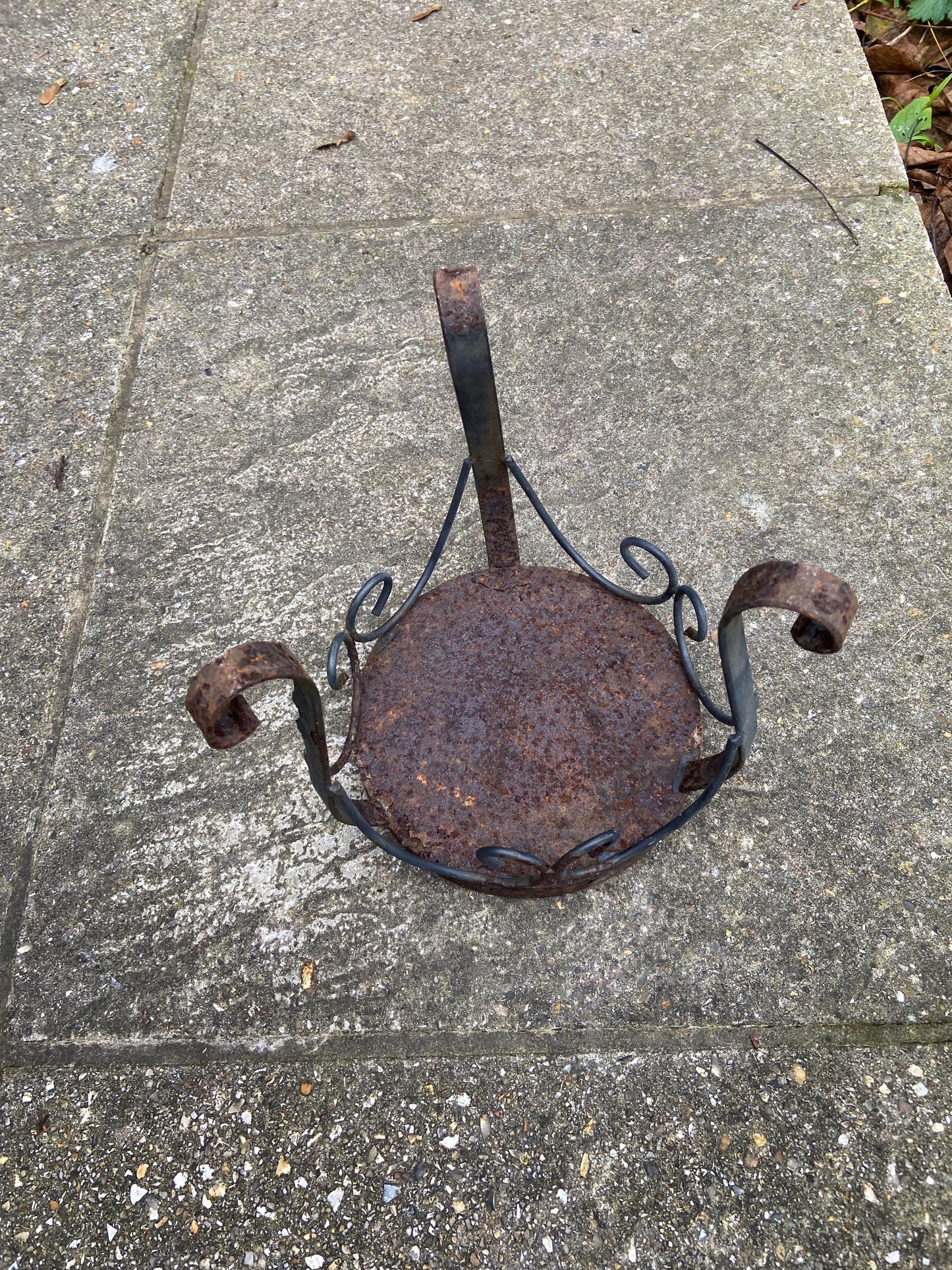 Dinky vintage mosaic and wrought iron small metal table - plant stand, rusted finish