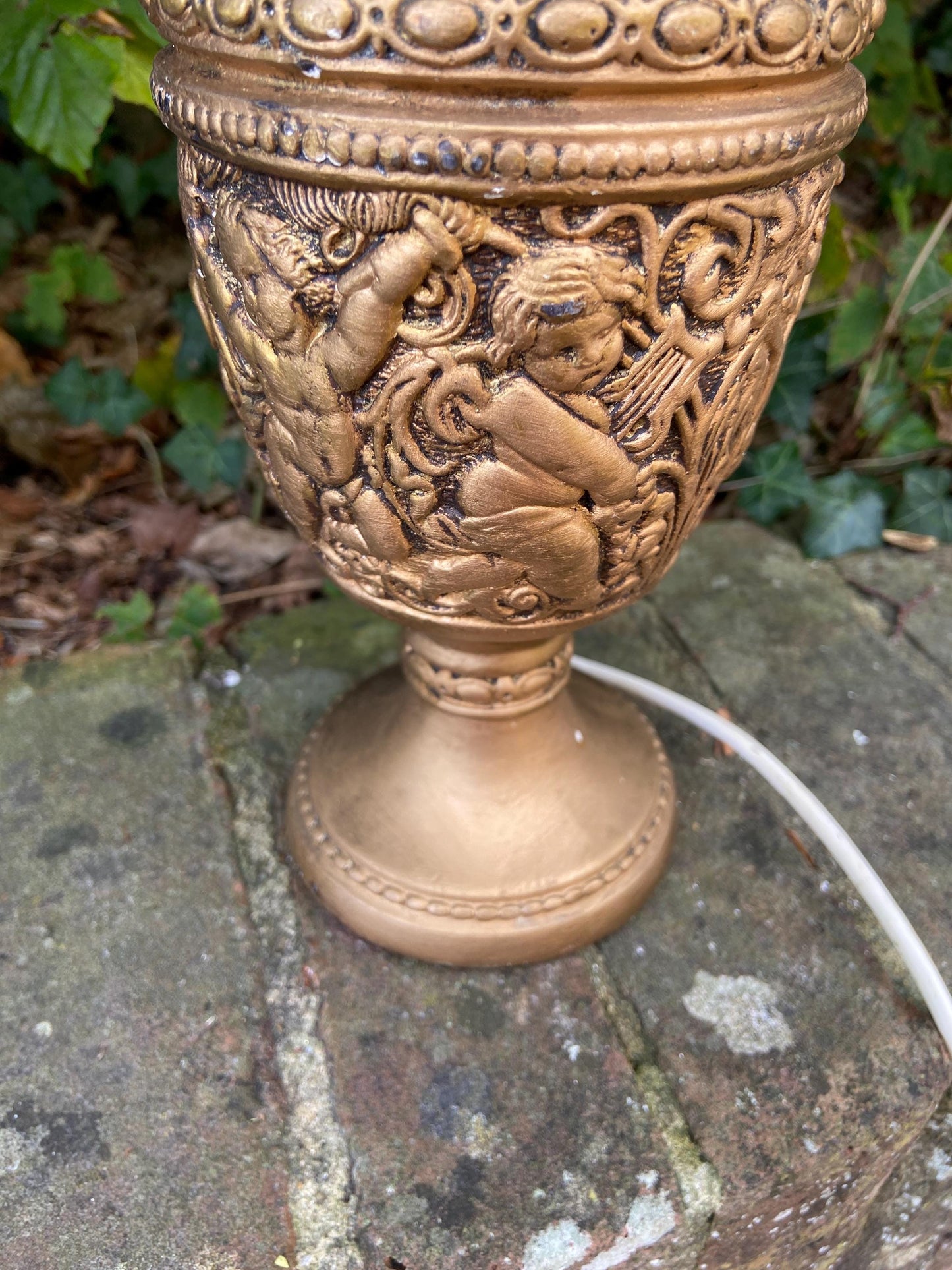 Large retro vintage gold table lamp - plaster painted in gilt - moulded angels and cherubs - working