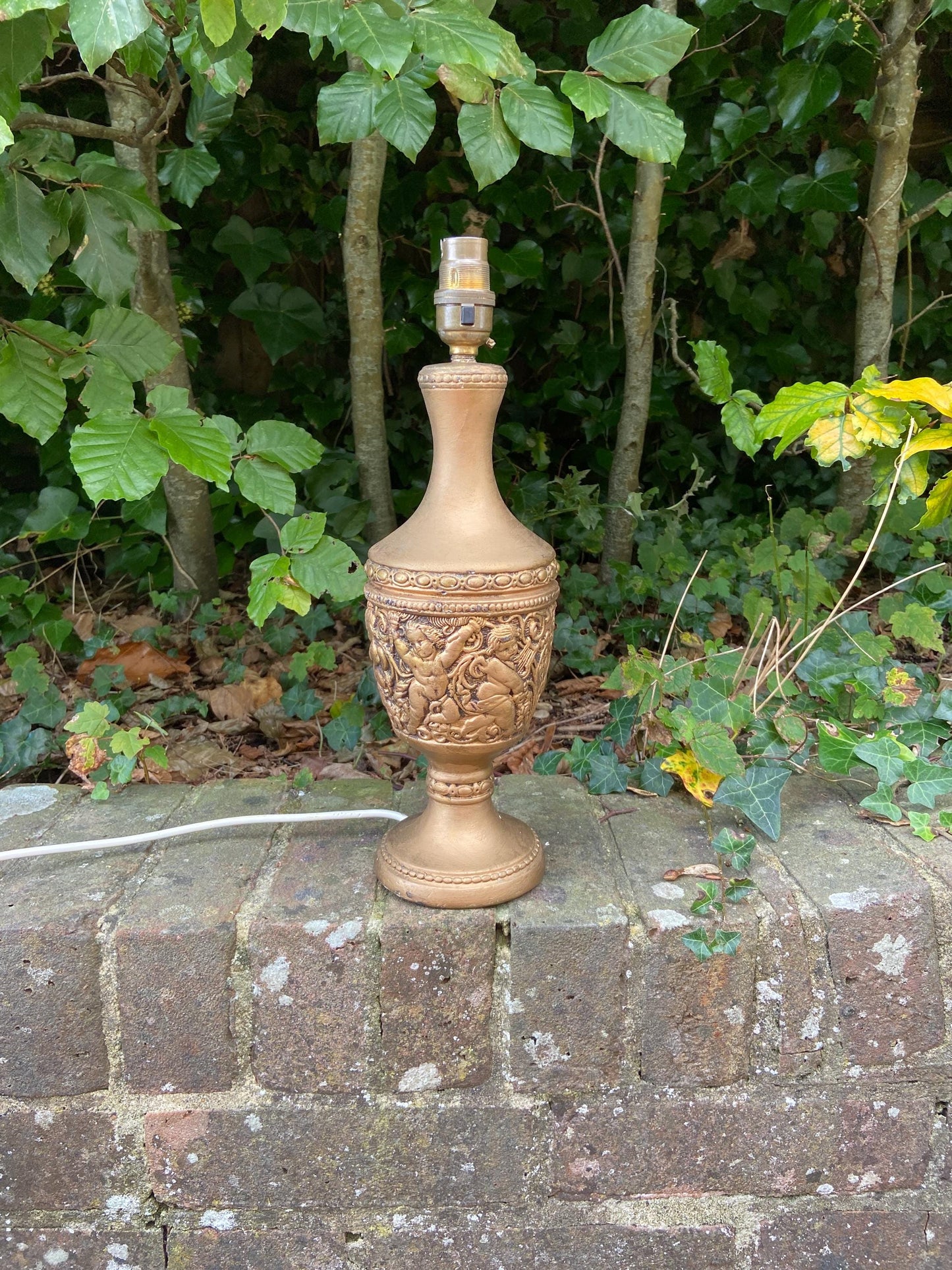Large retro vintage gold table lamp - plaster painted in gilt - moulded angels and cherubs - working