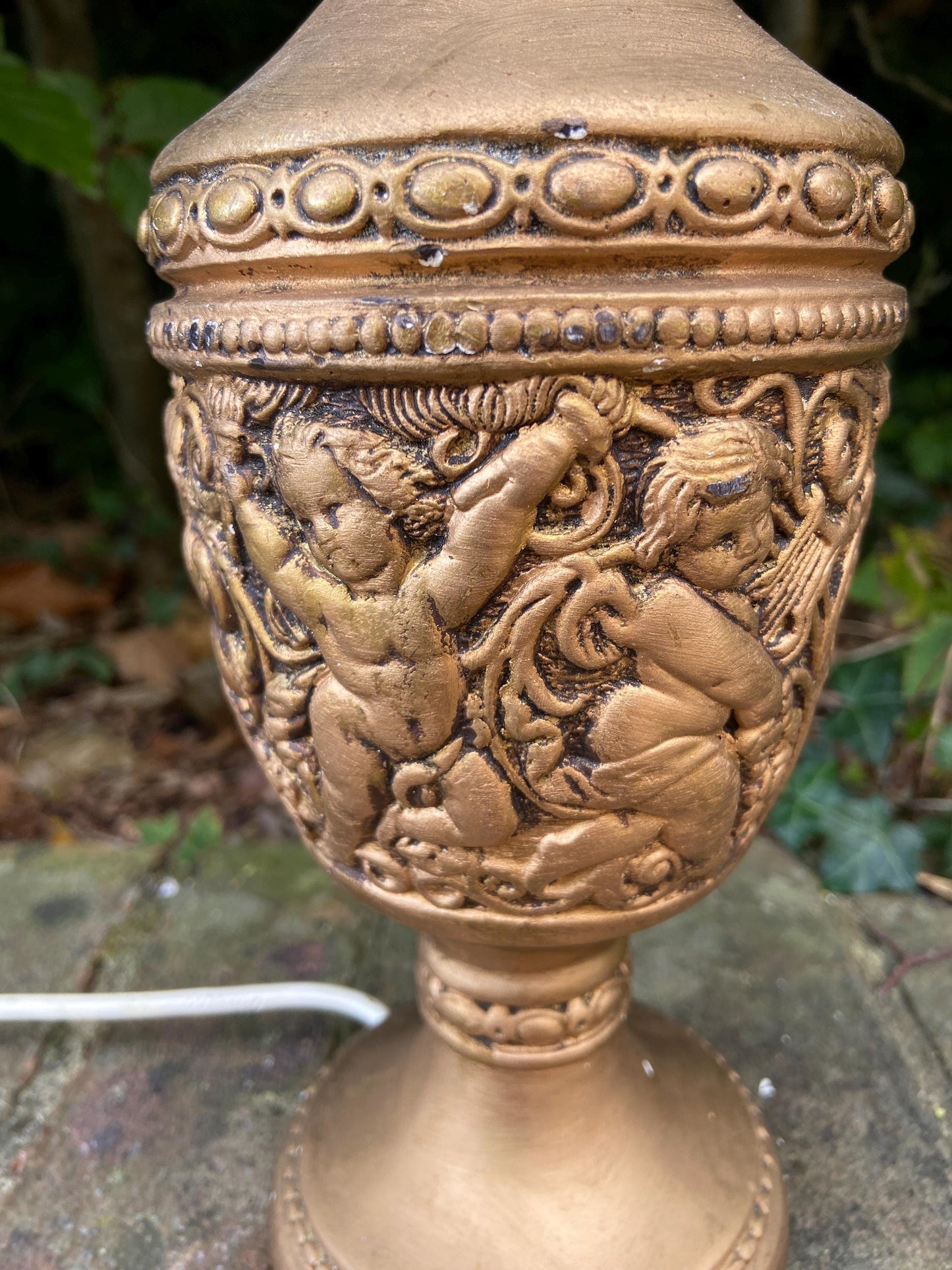 Large retro vintage gold table lamp - plaster painted in gilt - moulded angels and cherubs - working