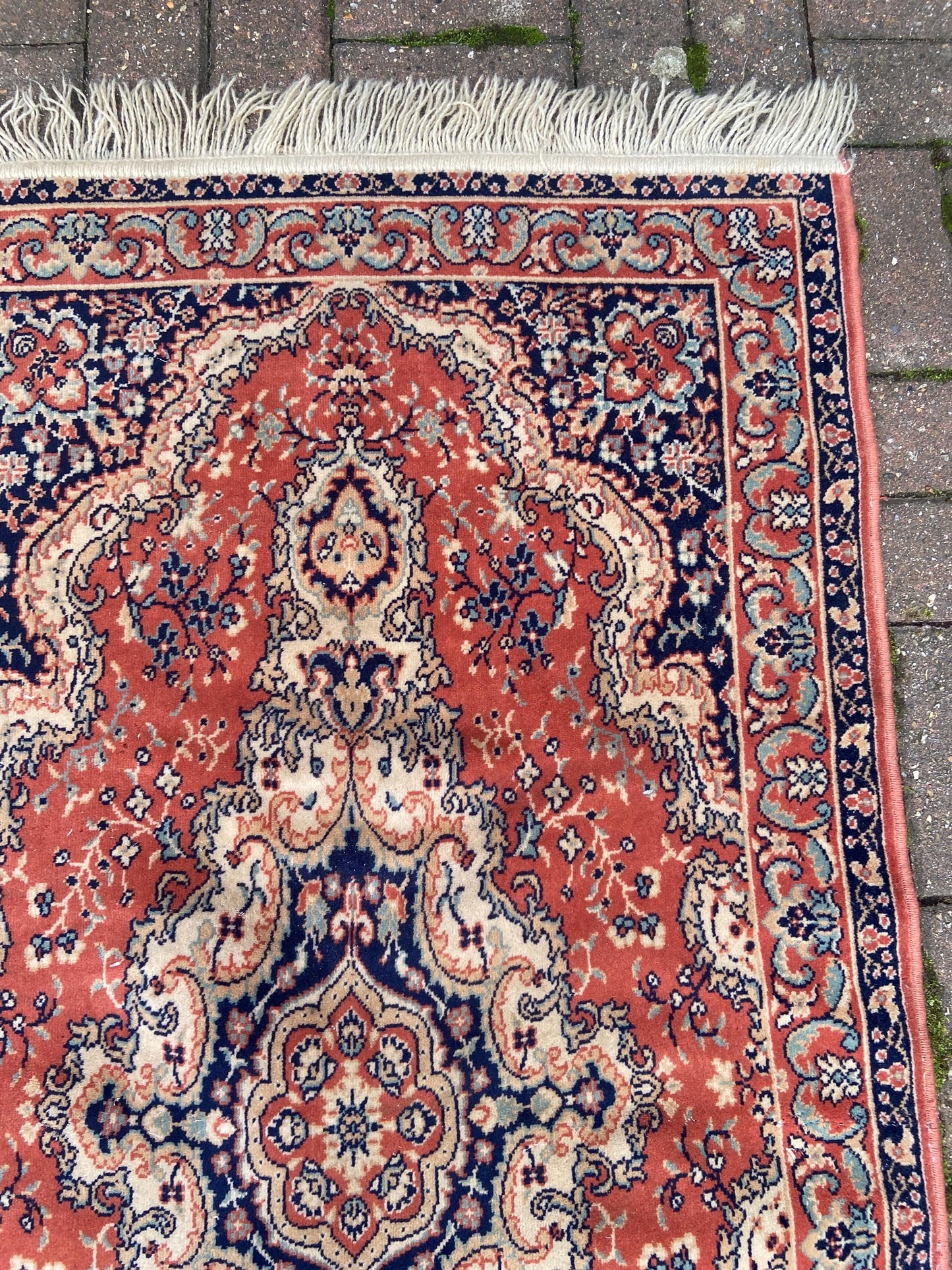 Vintage quality traditional woollen pile rug 140cm x 79cm, deep apricot orange