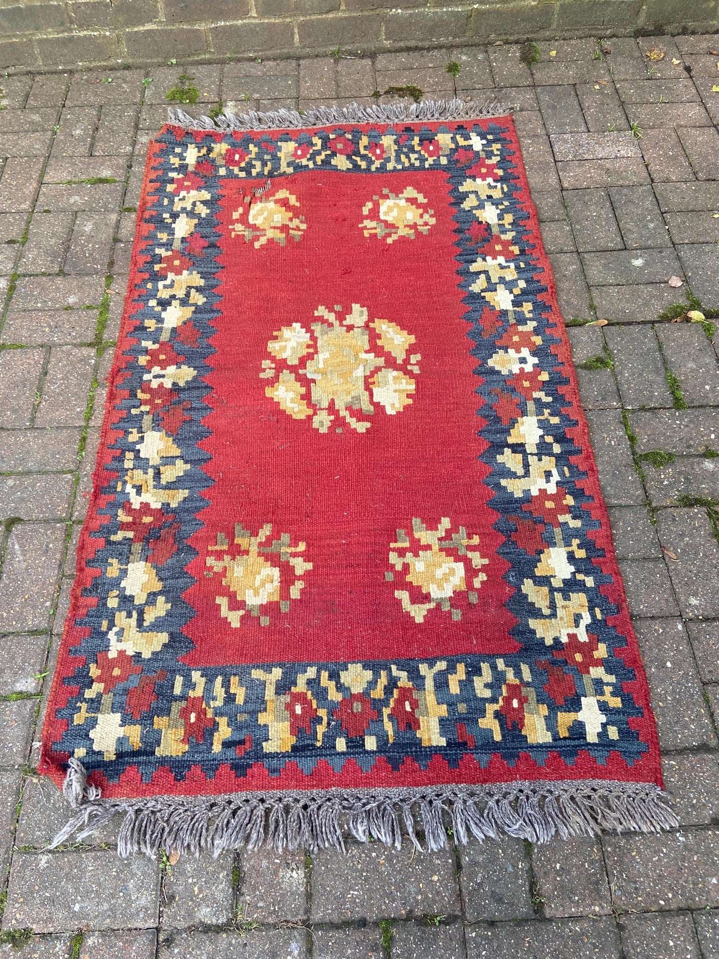Vintage large kilim rug in red, dark blue/black - character rug 144cm x 89cm