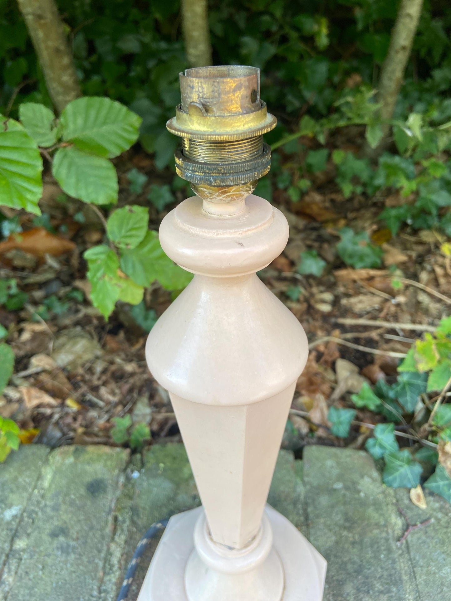 Vintage mid century wooden painted pink table lamp, original wiring and plug