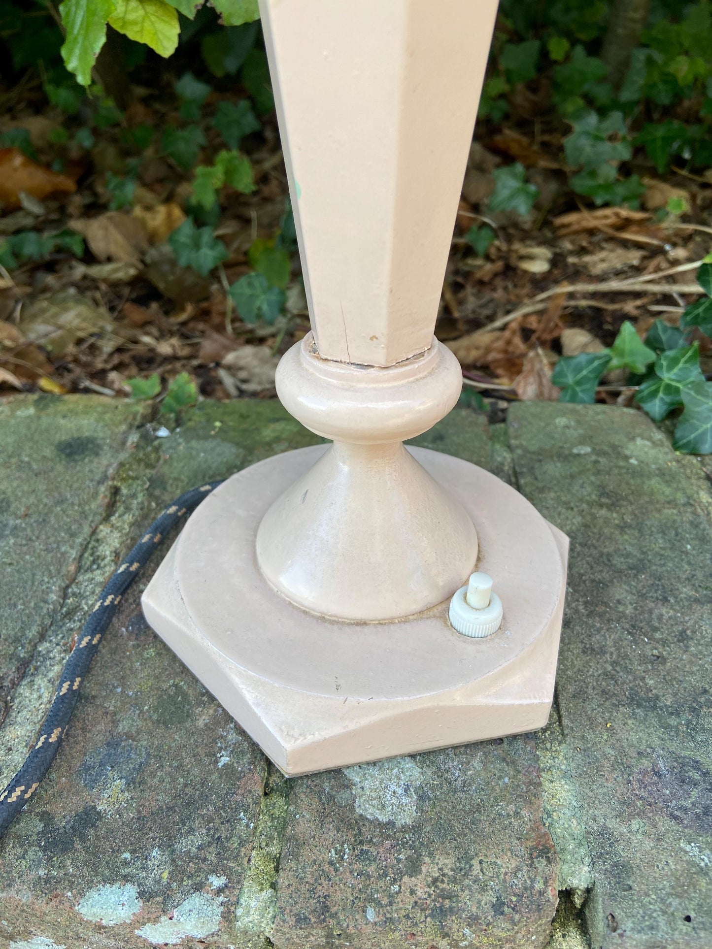 Vintage mid century wooden painted pink table lamp, original wiring and plug